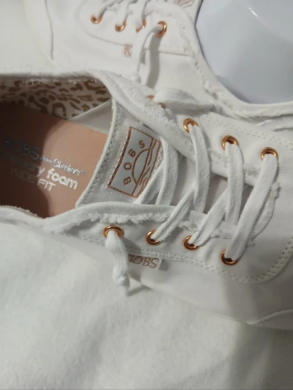 BOBS from Skechers White Canvas Sneakers with Rose Gold Accents Size 10 Wide